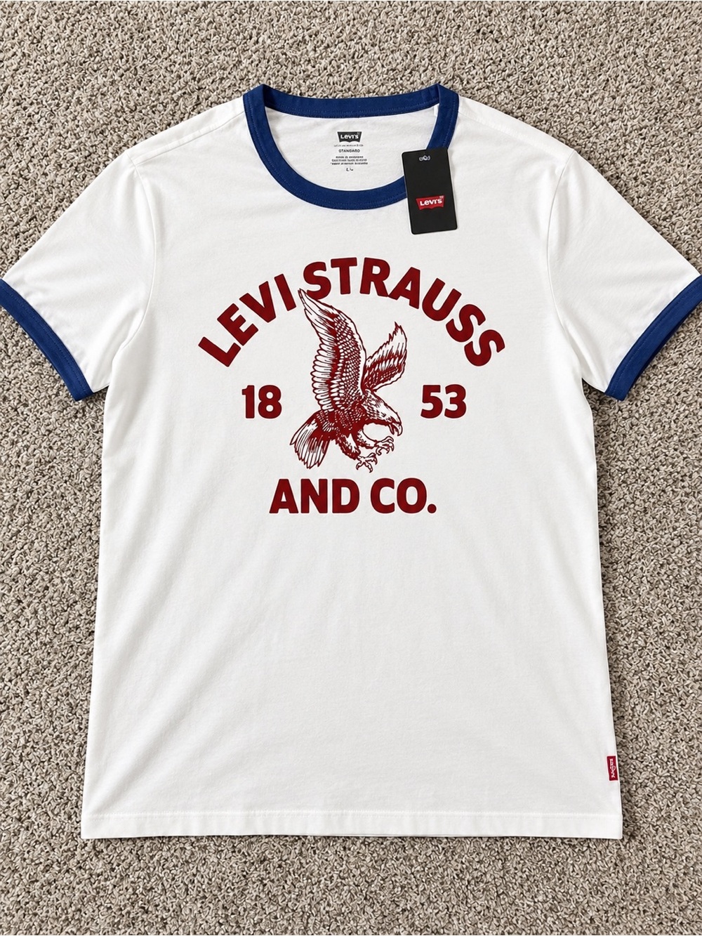 Levi's White Short Sleeve Ringer Tee with Navy Trim and Red Graphic
